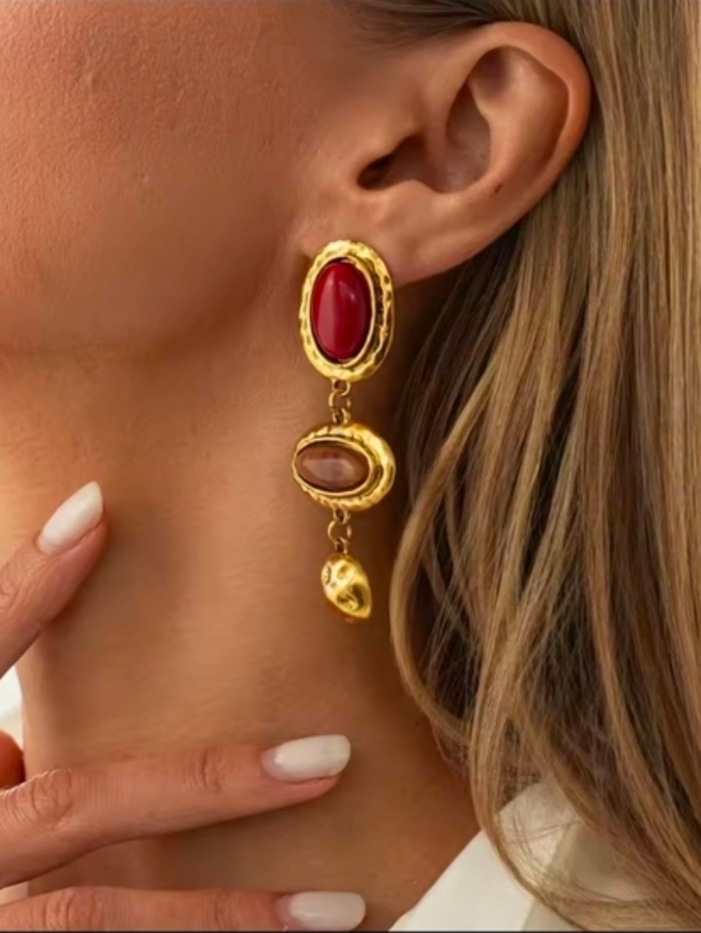 Gold Drop Earrings with Red and Brown Stones - Picture 2 of 5